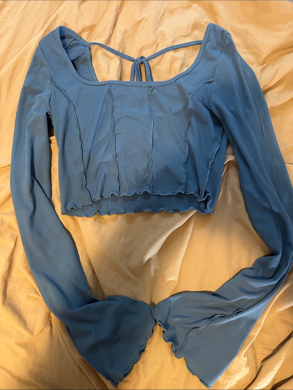 Blue Ribbed Long-Sleeve Tie-Back Crop Top